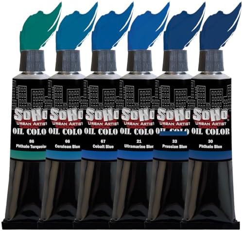 Soho Urban Artist Oil Paint Blues Set of 6-170 mL Tubes, Triple-Milled Oils with Refined Linseed - Smooth Application, True Color Mixes, Ideal for Brushes & Palette Knives
