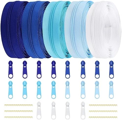 DOITEM 15.3 Yards/ 14 m 5 Pieces Assorted Colors #3 Nylon Coil Zippers, Sewing Zippers Endless Zips with 20 Pieces Zipper Sliders Zip Heads for DIY Sewing Tailor Craft Supplies (Blue White)