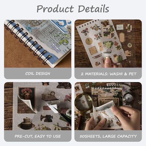 Vintage Stickers Pack, 50 Sheets Over 500 Pcs Art Stickers for Journaling, Scrapbooking Supplies and Junk Journal Bullet Journal Deco & Collage Kit Planner Accessories (Letter)