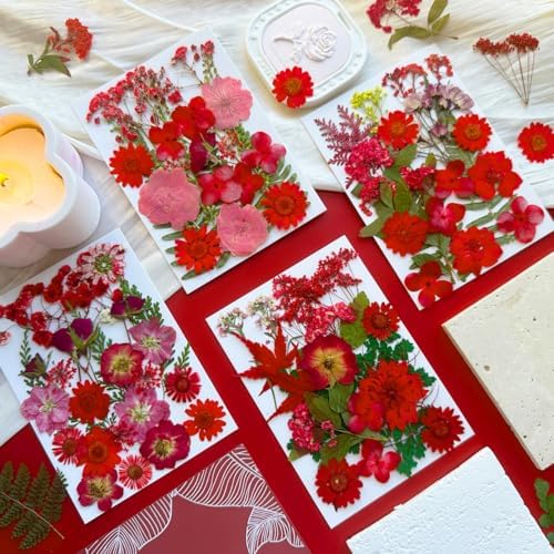 MIKIYA 88Pcs Red Dried Pressed Flowers for Resin Molds, Assorted Real Natural Bulk Dry Floral Leaves for DIY Art Crafts, Epoxy Jewelry, Candle, Soap Making, Nails Decors