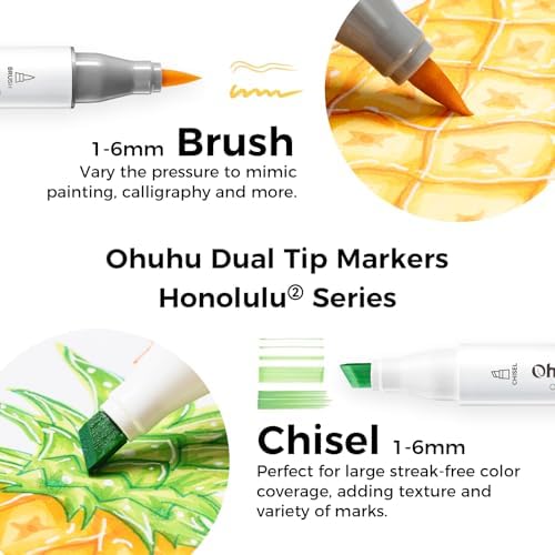 Ohuhu Alcohol Markers Brush& Chisel 72 Colors for Adult Coloring Refillable | AP Certified Art Marker Set, Dual Tips Alcohol-based for Artists Beginners Drawing Illustration Sketching, Honolulu 2