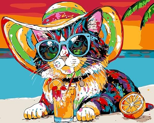 Paint by Numbers Kit for Adults Beginners,Abstract Beach Vacation Cat Frameless Beginner DIY Acrylic Watercolor Oil Painting,Animal Digital Painting for Home Wall Decoration and Gifts (16x20 inches)
