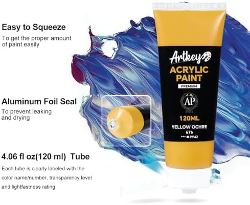 Artkey Acrylic Paint - Yellow Ochre (120 ml/4.06 oz) Tubes, Rich & Vibrant Pigments, Professional Artists Acrylic Paints - Art Supplies for Canvas Wood Rock Clay Fabric Ceramics Art Crafts Painting
