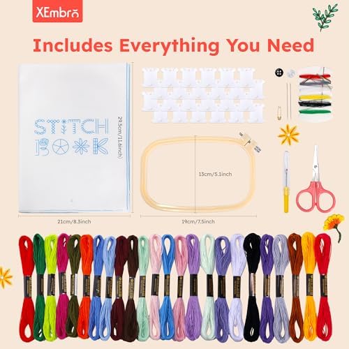 XEmbro Embroidery Stitch Book Kit for Beginners and Sewing Lovers, Portable Embroidery Book Kit with Water-Soluble Pre-Printed Fabric, Square Embroidery Hoop, and Sewing Tool