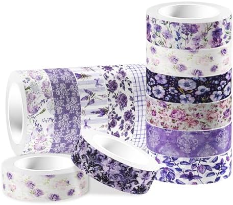 12 Rolls Purple Flower Washi Tape Set, 15 mm x 5 Meters Vintage Flower Decorative Masking Tape, Purple Rose Lavender Patterned Washi Tapes for DIY Craft, Scrapbook, Journal, Gift Wrapping