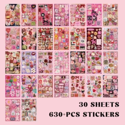 PRSTINCOL Sweetheart Vintage Style Sticker Book, 30 Pages of Aesthetic Stickers for Journaling Adults, Cute Retro Floral and Love Ephemera, 8.3 by 5.5 Inches, Over 550 Pieces