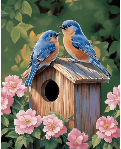 Natuyalo Paint by Numbers Kit for Adults, Blue Birds Paint By Number Kits for Beginner Animals House Acrylic Painting Kit Adults' Paint-by-Number Kits for Gift Home Wall Decor 16x20 inch