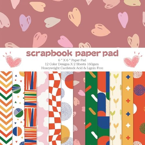 6x6" Cardstock Single Sided Scrapbooking,Craft Decorative Scrap Book Paper | 160gsm,24-Sheet 12Patterns Colored Paper,Junk Journal Supplies,Vivid Origami Papers DIY Craft Gift Wrapping Album.Sweet Love