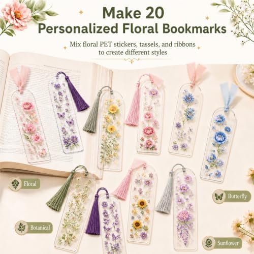 DIY Bookmark Making Kit, 20 Clear Acrylic Bookmark Blanks 5.9 x 2 in with PET Floral Bookmark Stickers, Tassels, Ribbons, Gift Bags, Bookish Gifts for Book Lovers, Book Club Crafts, Readers