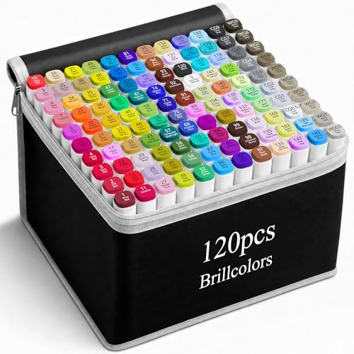 Brillcolors 120 Colors Alcohol Markers Set with Base Dual Tip Drawing Markers for Comics Coloring Sketching Illustration (120 White) -Refillable
