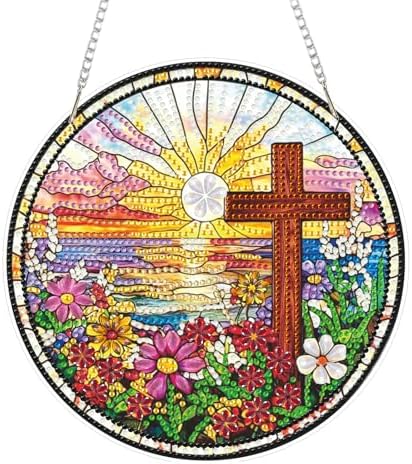 CRZMODE Cross Diamond Art Hanging Kit for Adults, Cross Pendant Diamonds Painting Art Kit, Special Crystal Diamond Art Painting Pendant Ornament, Craft Gift for Women Home Window Decor