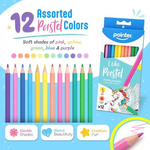 Pointer I Like Pastel Colored Pencils – 12 Count, Pre-Sharpened, Hexagonal Body, Soft Pastel Shades, School & Art Supplies