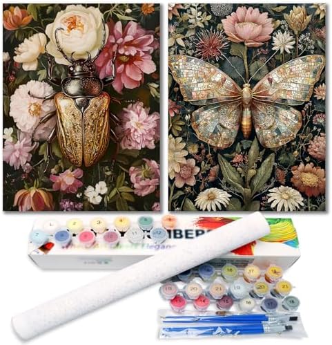 2 Pack Paint by Numbers Kit for Adults,Butterfly Bettle Paint by Numbers for Adults, DIY Insect Adult Painting by Numbers Beginners on Canvas Acrylic for Home Wall Art Decor 12x16Inch (Rolled Package)