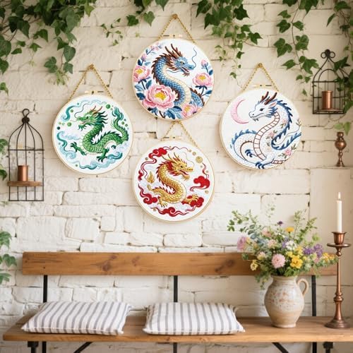 FREEBLOSS 4 Sets Embroidery Kit for Beginners Needlepoint Dragon&Cloud Stamped Embroidery Starter Kit with Instructions, Needles, Threads, 2 Hoops 11.6"/29.5CM