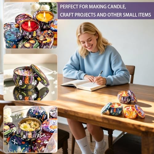 Halloween Candle Tins, 2.5 Oz Candle Jars for Making Candles, 16PCS Empty Candle Jars with Lids, Metal Candle Containers, Small Tins, Candle Making Jars for Halloween, Themed Party, Decor, Storage