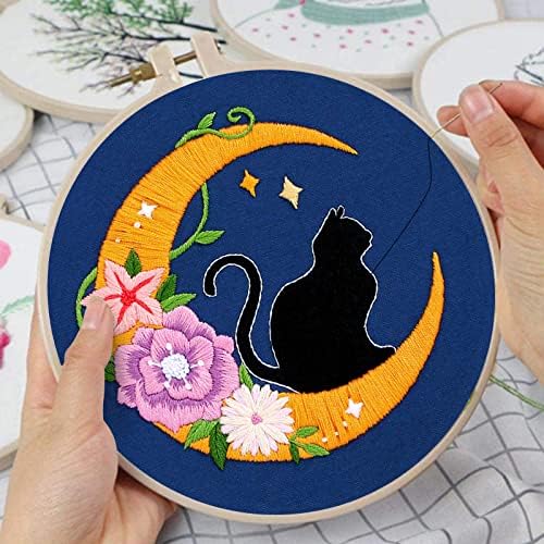 Louise Maelys Cat Moon Embroidery Kit for Beginners Floral DIY Craft Set
