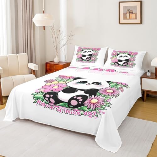 Manfei Cute Panda Flowers Sheet Set Lovable Animal Pink Theme Bedding Set Lively Green Leaves Bed Sheets Teens Room Decor White Pink (Twin Flat & Fitted Sheet with 1 Pillow Case)