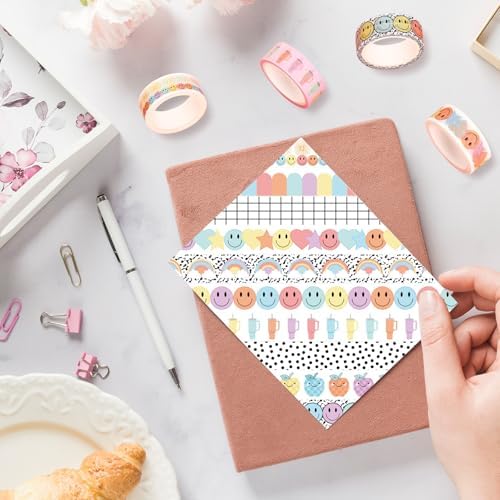 JarThenaAMCS 12 Rolls Washi Tape Composition Notebook Classroom Decor Pastel Smile Rainbow Decorative Masking Tape Set Preppy Wrapping Paper Tapes for Back to School Scrapbook Journal DIY Art Crafts