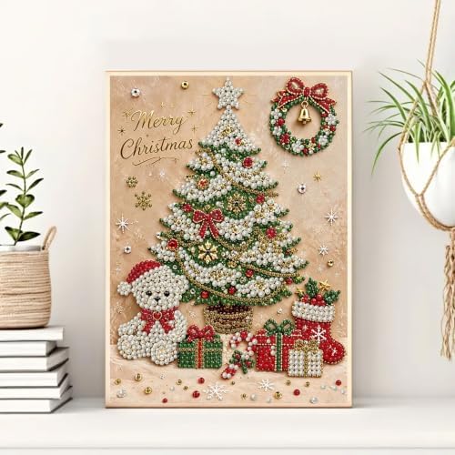Merry Christmas Diamond Art Pearl Painting Kits for Adults, 3D Special Shape Pearl Diamond Art Kits for Adults Beginners, DIY Plastic Pearl Painting Gem Crafts for Home Wall Decor 11.8x15.7 Inch