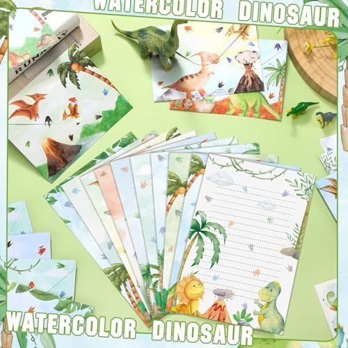 TaoBary 160 Pcs Watercolor Dinosaur Stationery Paper and Envelopes Set