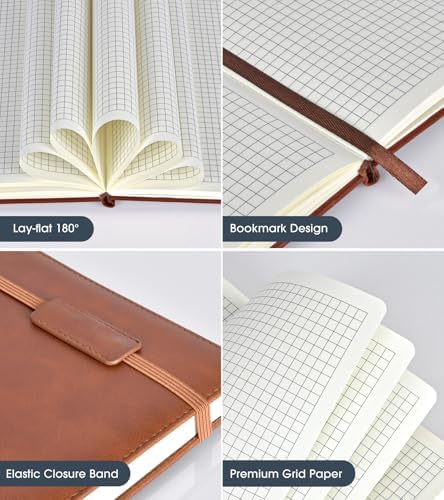 Biuwory A5 Hardcover Graph Paper Notebook, Grid Leather Journal for Writing | 140 Quad Ruled Grid Pages Vintage Diary, 5.7"×8.3" Travel Notebook for Work, School, Women & Men