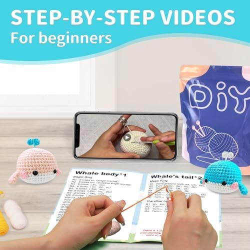 YAMAXIN Whale Crochet Kit for Beginners, Whale Marine Animal Easy Learn to Starter Amigurumi Knitting Kit and Yarn Craft Kits for Adults DIY with Step-by-Step Video Tutorials