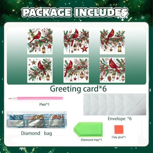 6Pcs Christmas Greeting Card DIY Diamond Art Painting Greeting Cards Blessing Folding Card Kit with White Envelopes Diamond Arts Crafts for Birthday Festival Gift-Cardinal