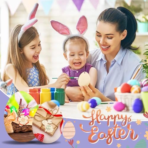 80PCS Wooden Easter Ornaments to Paint, 8 Styles DIY Blank Unfinished Wood Cutouts Ornament for Crafts Hanging Decorations, Egg Rabbit Bunny Butterfly Flower Hen Happy Easter