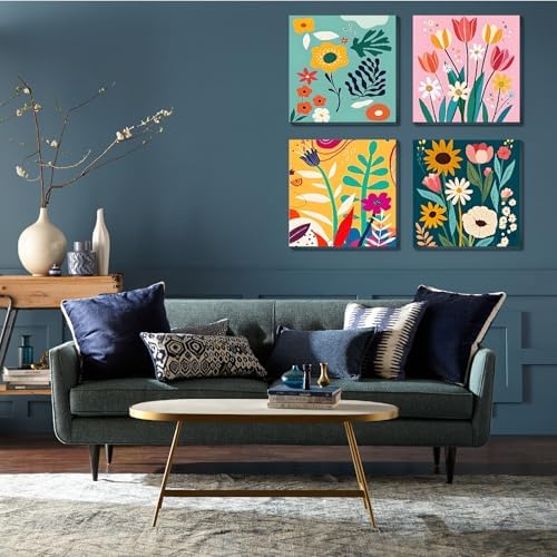 FQOVKYN 4 Pack Paint by Numbers Kit for Adults with Frame Flower Easy, Abstract Art Floral Framed Painting by Numbers on Canvas, DIY Acrylic Watercolor Oil Paint Kits for Home Decor 8 x 8 Inch