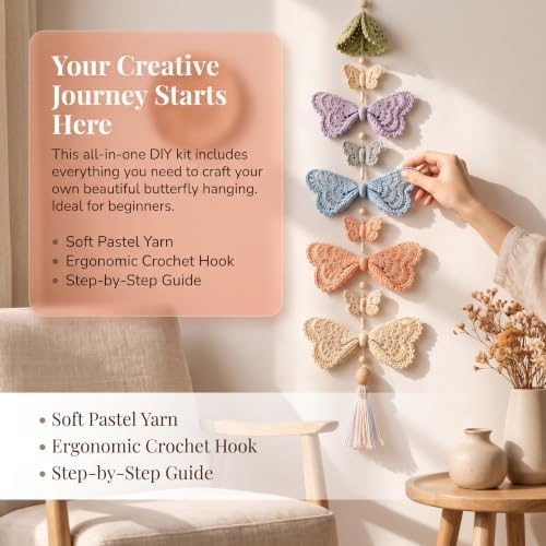 CHIANART Butterfly Garden Cascade DIY Crochet Kit, Step-by-Step Tutorials with Soft Yarn & Hook, Butterfly Garden Cascade Hanging Ornament for Windows or Bedrooms.，F