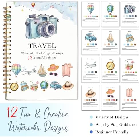 Easy Watercolor Workbook for Beginners - 12 Beautiful Step-by-Step Paintings Water Coloring Book, Includes 16 Colors Paints, Relaxing Art Projects and Creative Gift for Adults & Teen (Travel)