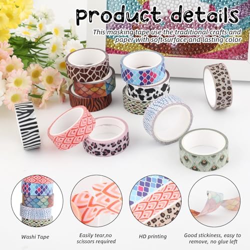 12 Rolls Leopard Animal Print Washi Tape Set,Cute Animal Pattern Decorative Tape,Cheetah Cows Zebra Peacock Decorative Masking Tapes for DIY Scrapbook Journaling Handbook Making Card Wrap Craft Gift