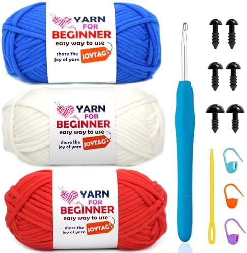 3 Pack Beginner Crochet Yarn Cotton-Nylon Blend (68% Cotton+32% Nylon, Worsted Medium 4, 150g/5.25oz/262yards/240m) - Blue+White+Red