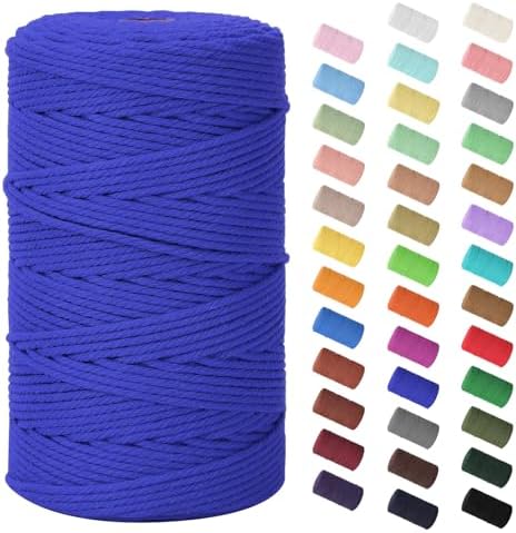 Macrame Cord 3mm x 220Yards (656Feet), Natural Cotton Macrame Rope - 4 Strands Twisted Macrame Cotton Cord for Wall Hanging, Plant Hangers, Crafts, Gift Wrapping and Wedding Decorations, Dark Blue