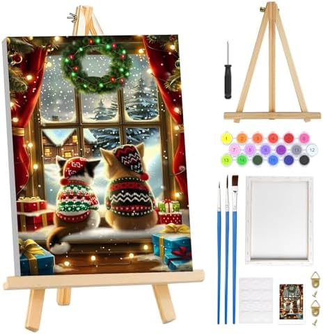 MOGTAA Christmas Cat Paint by Numbers Kit for Adults Beginners with Frame, Winter Adult Paint by Number Kits on Canvas with Easel, Easy DIY Oil Painting Kits for Home Decor, 8x12in