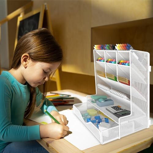 BOHDK Pen Organizer for Desk, Multi-Functional Desk Organizer, Wall Mount Pen Holder with Drawer for School, Office, Home, Art Supplies, White