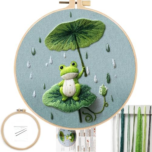 FONNUY Embroidery Kit for Beginners - Frog Under Lotus Leaf DIY Cross Stitch Set, Pre-Printed Fabric with 8’’ Hoop, Cute Rainy Day Art Craft for Adults, Home Decor & Handmade Gift (Green 01)