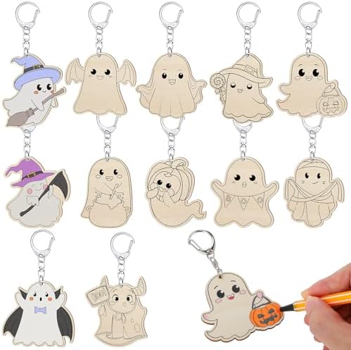 Trnayi 36 Pcs Halloween Ghost Wood Keychain Color Your Own DIY Craft | Halloween Ghost Wooden Keychain, Color Your Own Unfinished Craft, Blank Wood Painting DIY Craft, for Halloween Art Project