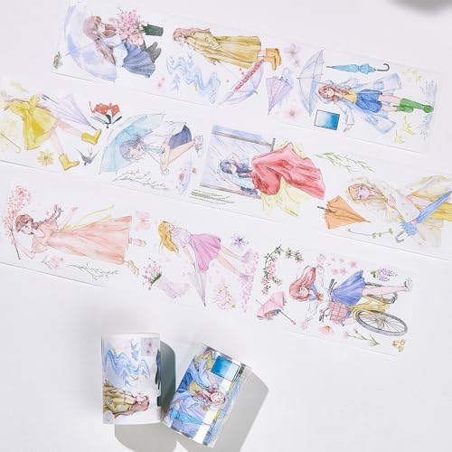 WT Pre-Cut Morning Drizzle Wide Washi Tape, Single Roll, Original Cozy Rainy Day Designs, Decorative Japanese Paper Tape for Journaling, Scrapbooking, Planner & DIY Crafts, 65mm×5m