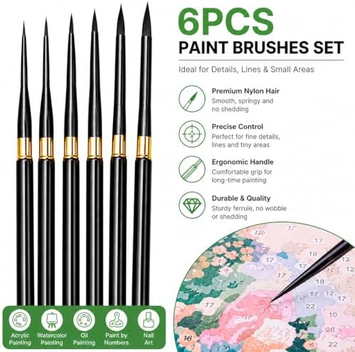 6Pcs Paint by Numbers Kit for Adults Acrylic Paint Brushes Set,Professional Travel Fine Tip Detail Paintbrushes for Watercolor Gouache Oil Face Painting,Miniature,Model,Figurine,Craft