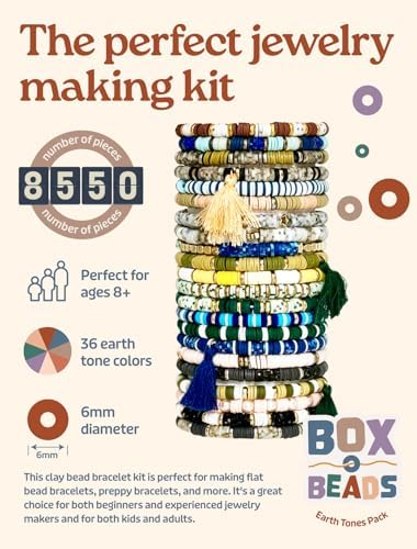 Box-O-Beads Earth Tones Bracelet Making Kit – 8,550 Clay Beads Friendship Bracelet Making Kit with 36 Earth Tone Colors, Charms & Jewelry Supplies – DIY Jewelry Kit for Teen Girls, Kids & Adults