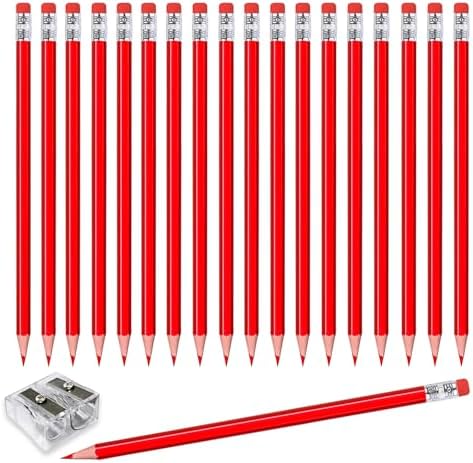 Adhere 25pcs Checking Pencils Erasable colored Pencils Pre-Sharpened #2 HB,for Checking Tests Grading,Map Coloring, editing Office Favors,including a Free sharpener. (Red)