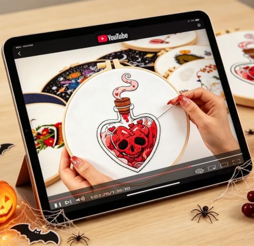 Halloween Goth Embroidery Kits for Beginners Adults, Dark Skull Embroidery Sets Needlepoint Kits, Halloween Stamped Cross Stitch Kits for Beginners Adults, 2 Embroidery Hoops (Attached Video Tutorial)