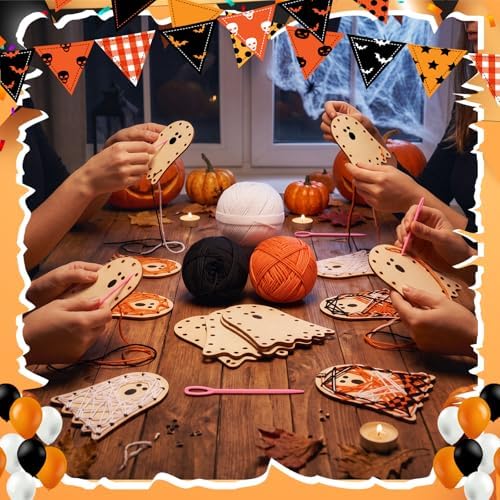 Kathfly 24 Set Halloween Wooden Craft Kit Ghost String Craft Ornaments with Yarn and Plastic Weaving Tools DIY Art Hanging Decorations for Classroom Halloween Haunted House Party Favor Home Activities
