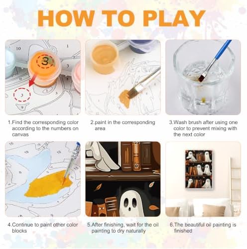 SENQAO Bookshelf Ghost Paint by Numbers Kit for Adults Beginner, Halloween Adult Paint by Number Kits on Canvas, DIY Acrylic Oil Easy Painting by Numbers for Home Wall Decor 8X12 inch (Book Ghost)