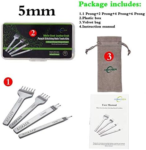 Aiskaer Leather Stitching Punch Set, Diamond Chisel Tools, 5mm White Steel 1/2/4/6 Prong for Leather Craft DIY