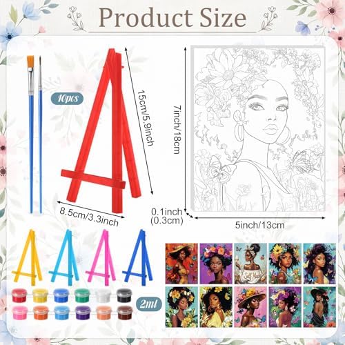 Blosssound 10 Set Pre Printed Canvas Pre Drawn Canvas Painting with Easel Kits 5" x 7" Outline Painting Panels for Beginners, DIY Craft Project, Party Favor, Home Decors(Flower Lady)