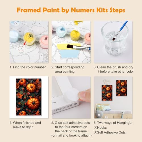MOGTAA Fall Pumpkin Paint by Numbers Kit for Adults Beginners with Frame, Autumn Adult Paint by Number Kits on Canvas with Easel, Easy DIY Halloween Oil Painting Kits for Home Decor, 8x12in