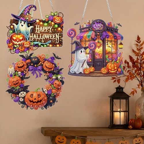 3 Pack Halloween Diamond Art Hanging Kit for Adult, Acrylic Decor 8x8inch