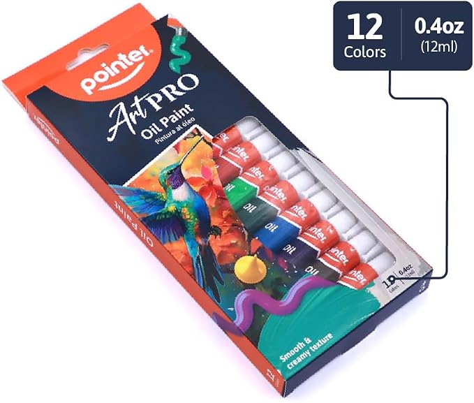 Pointer ArtPRO Oil Paint Set, 12 Colors, 0.4oz Tubes, Smooth Creamy Texture for Canvas and Fine Art